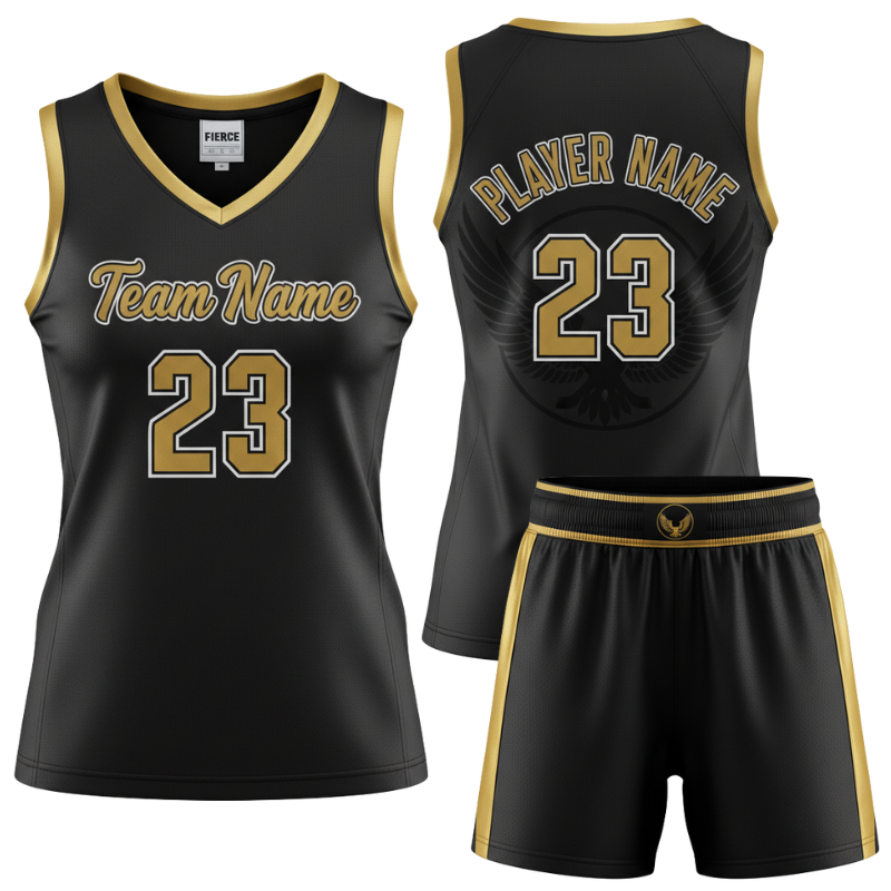 custom black gold women basketball jersey